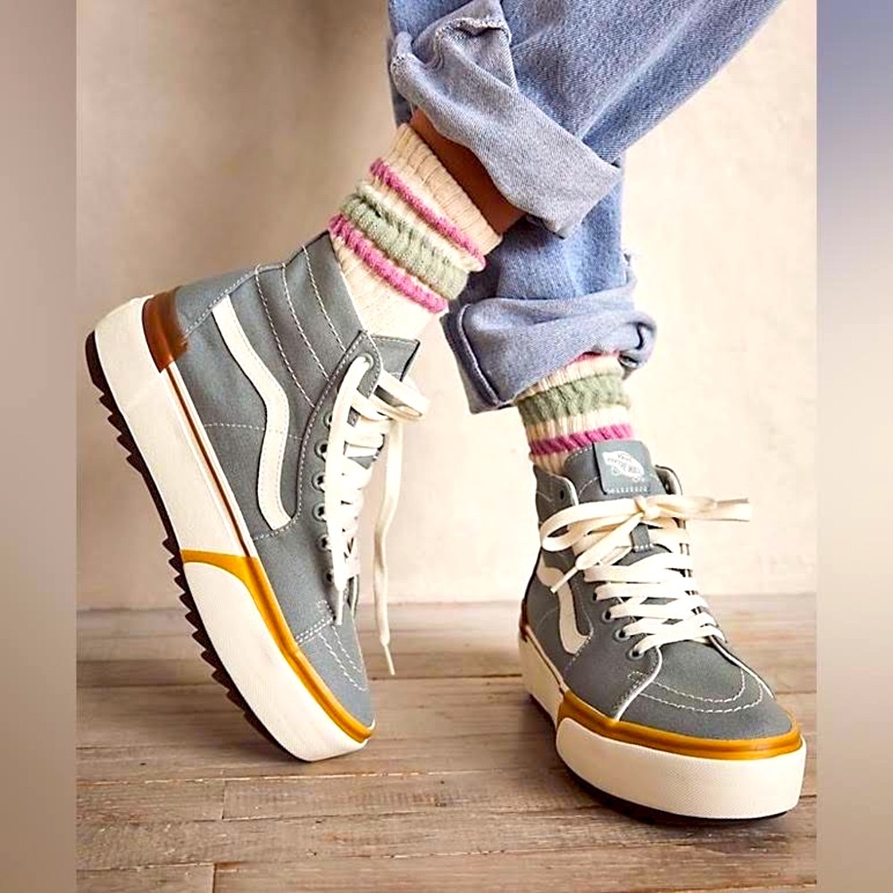 Vans Gray White Platform Sneakers with Brown Accent